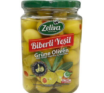 Zeliva Peppered Green Olive Jar 500g – Biberli Yesil Zeytin Cam